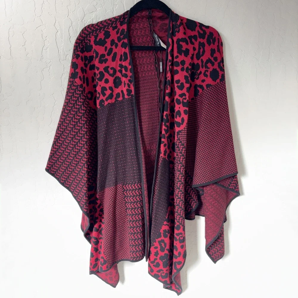 Ming Wang Red Black Leopard Patchwork Knit‎ Wrap Sweater Shawl One Size